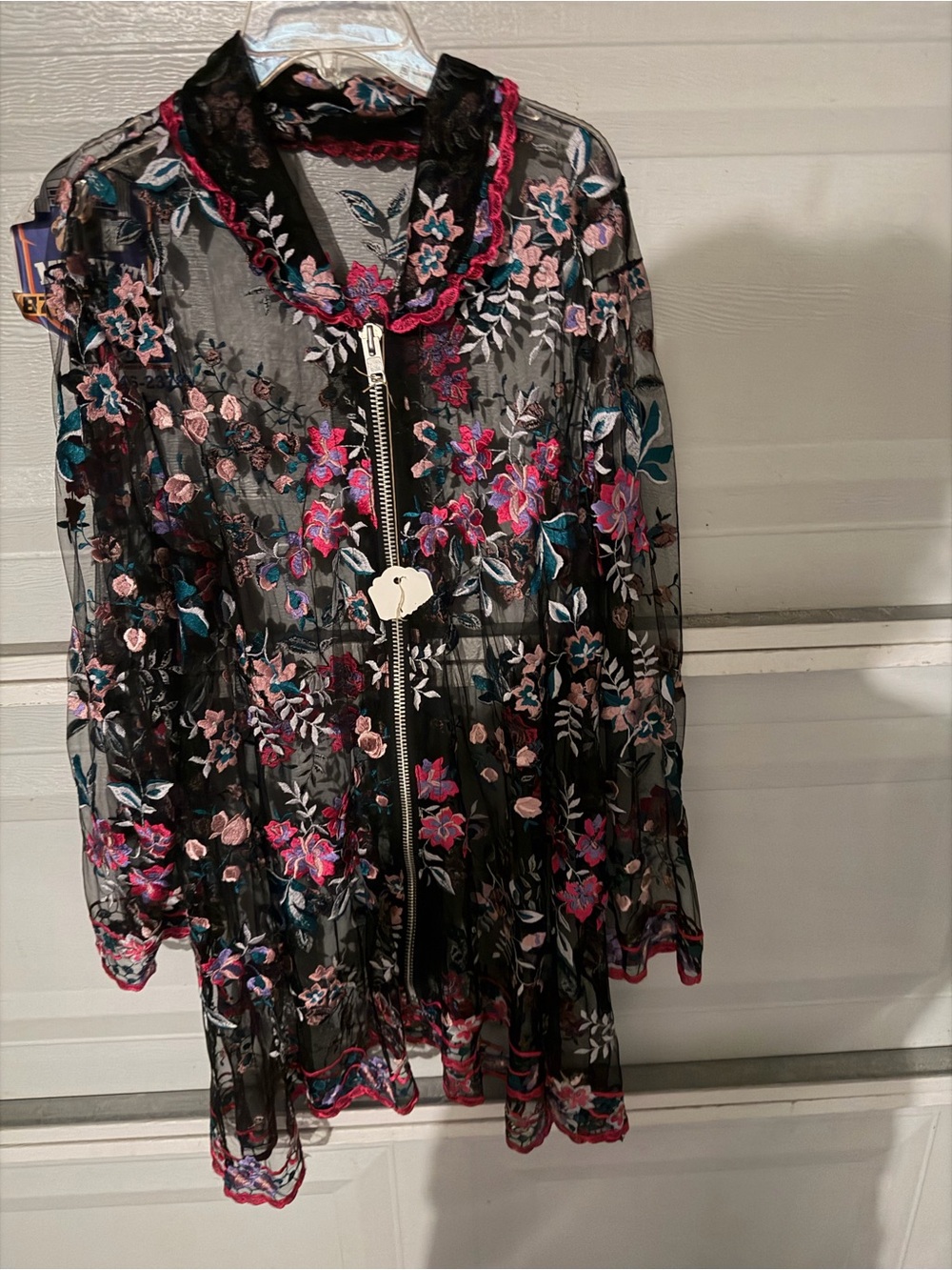 Sheer Black Floral Embroidered zipper up top  with Pink & Teal Accents 2-3x NEW